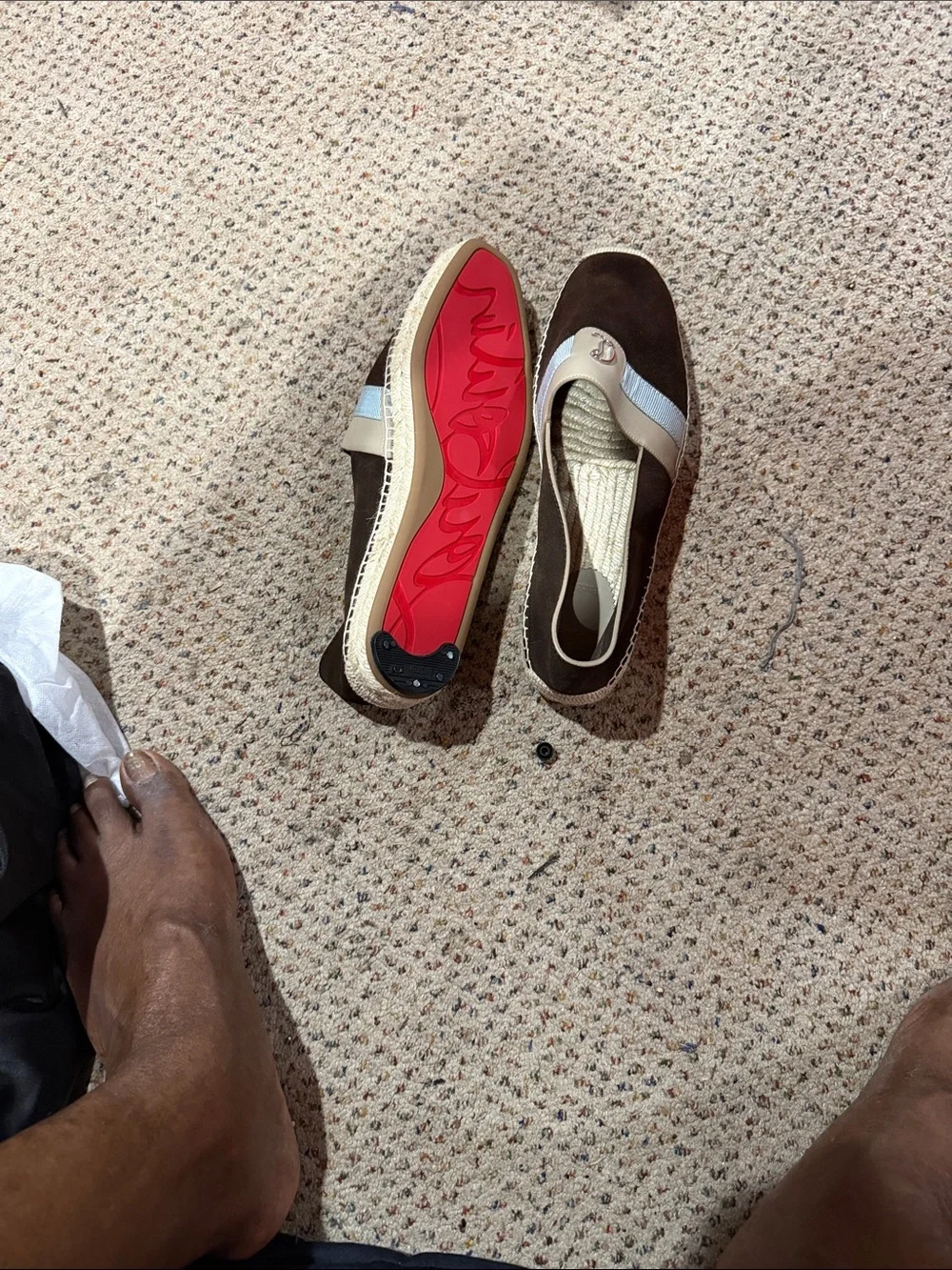 Christian Louboutin Brown Suede Loafers with Light Blue Ribbon and Cream Trim